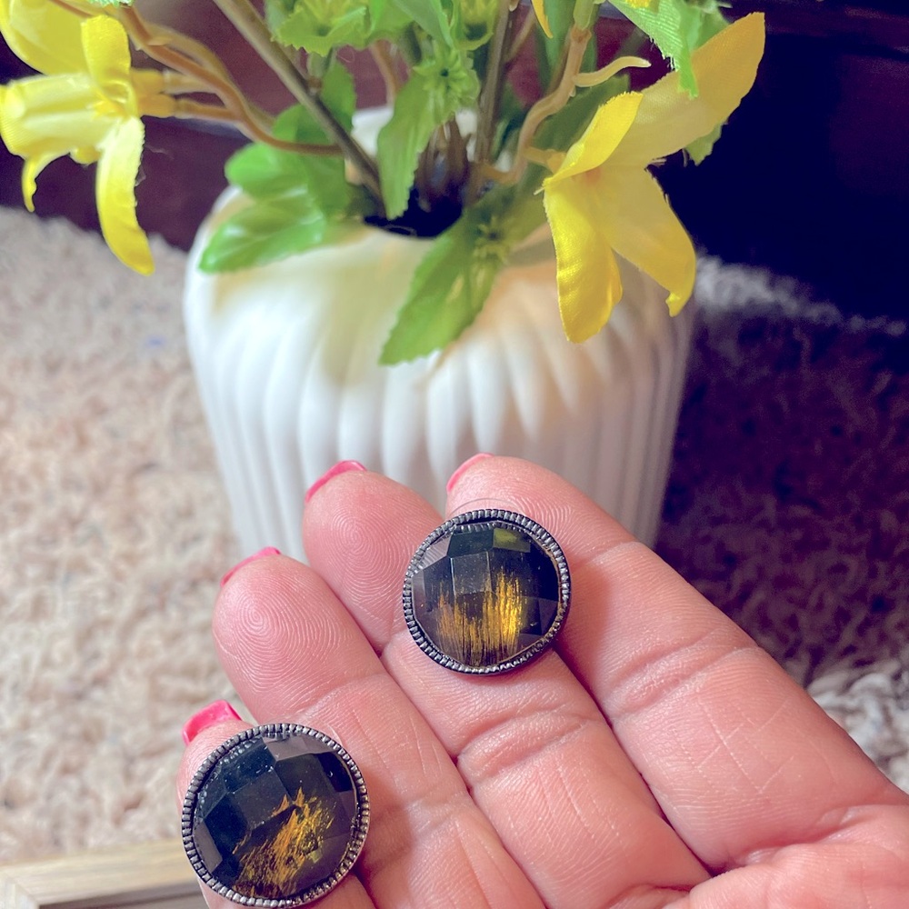 🩶 Rare Find AFRICAN NATURAL SMOKEY QUARTZ ROUND STUD EARRINGS TWISTED SILVER SET - Picture 2 of 8